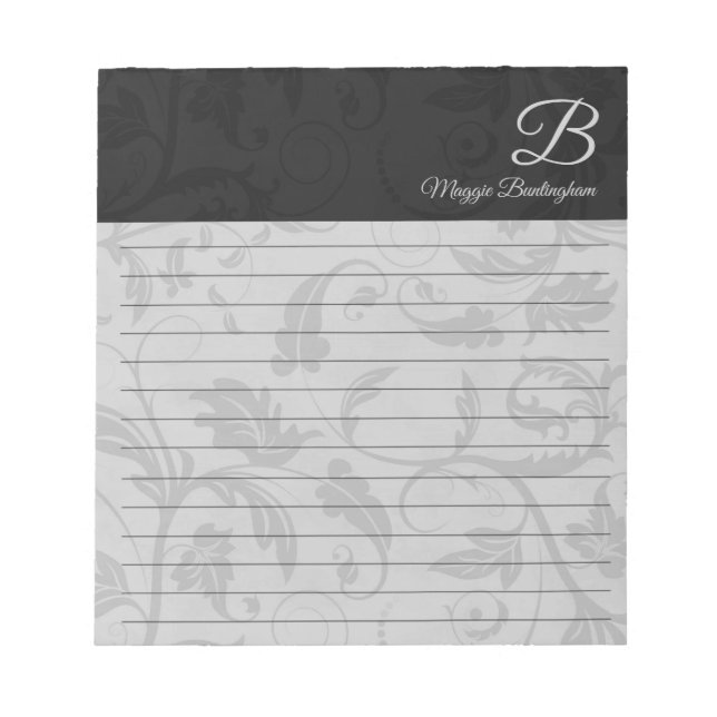 Bloc-note Damas noir avec nom et monogramme (Devant)