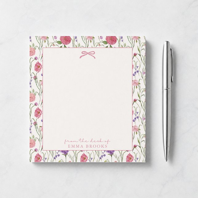 Bloc-note De la part de, Nœud rose, fond floral (Créateur téléchargé)