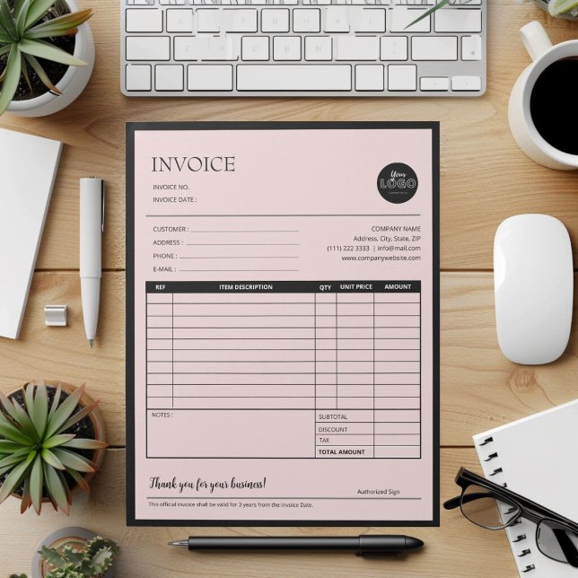 Bloc-note Demande de devis d'entreprise moderne rose noir Fo (Black Pink Modern Business Quotation Invoice Forms Notepad desk top mock up)