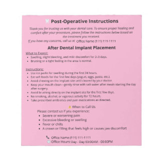 Bloc-note  Dental Post Op Instructions Notepad (Implant)