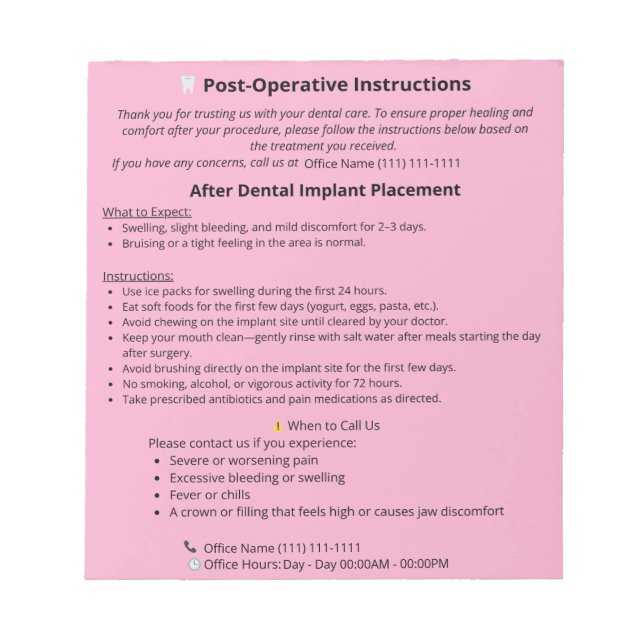 Bloc-note  Dental Post Op Instructions Notepad (Implant) (Devant)