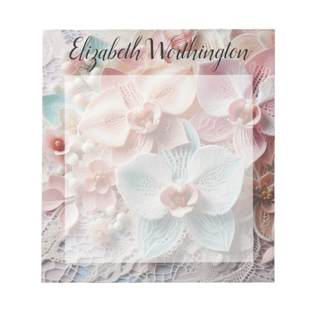 Bloc-note Dentelle monogramme fleurs florales rose pastel or (Devant)