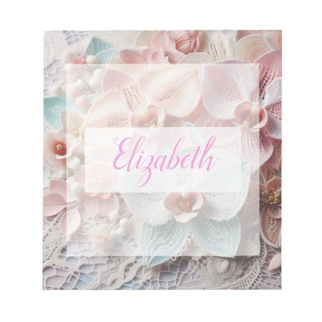 Bloc-note Dentelle monogramme fleurs florales rose pastel or (Devant)