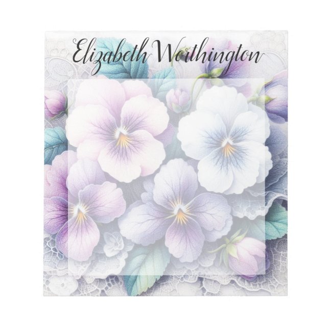 Bloc-note Dentelle monogramme floral fleurs pensées rose vio (Devant)