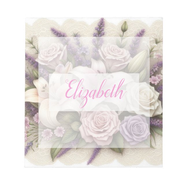 Bloc-note Dentelle monogramme floral roses violettes lavande (Devant)