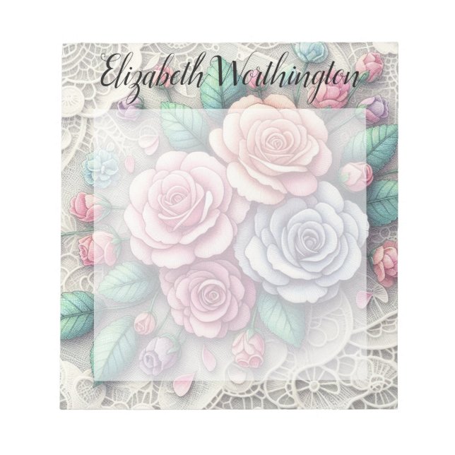 Bloc-note Dentelle monogramme florale roses roses bleues vio (Devant)
