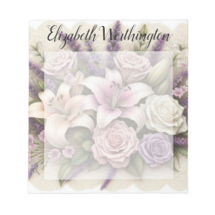 Bloc-note Dentelle monogramme florale roses violettes lis la