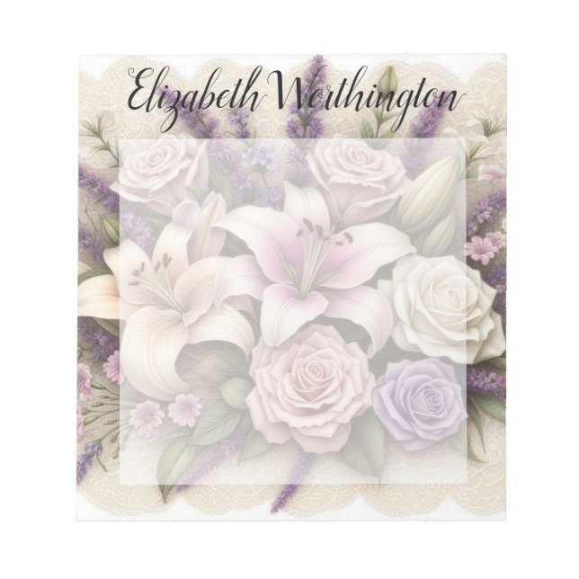 Bloc-note Dentelle monogramme florale roses violettes lis la (Devant)