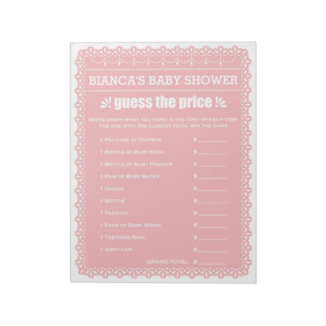 Bloc-note Devinez Le Prix Pink Papel Picado Baby shower (Tourné)