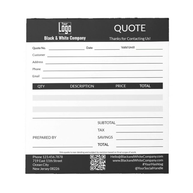 Bloc-note Devis d'entreprise de service professionnel de bas (Devant)