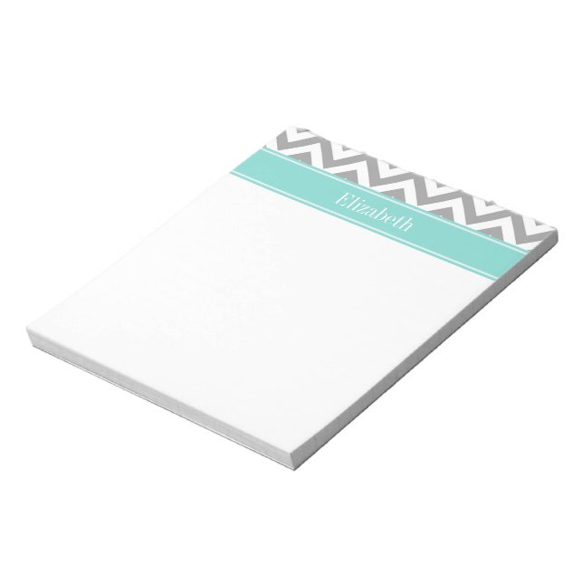 Bloc-note Dk Gris Blanc LG Chevron Turquoise Monogramme Nom (Tourné)