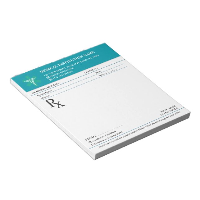 Bloc-note Doctor Prescription Medical RX Pad – Medical Teal (Incliné)