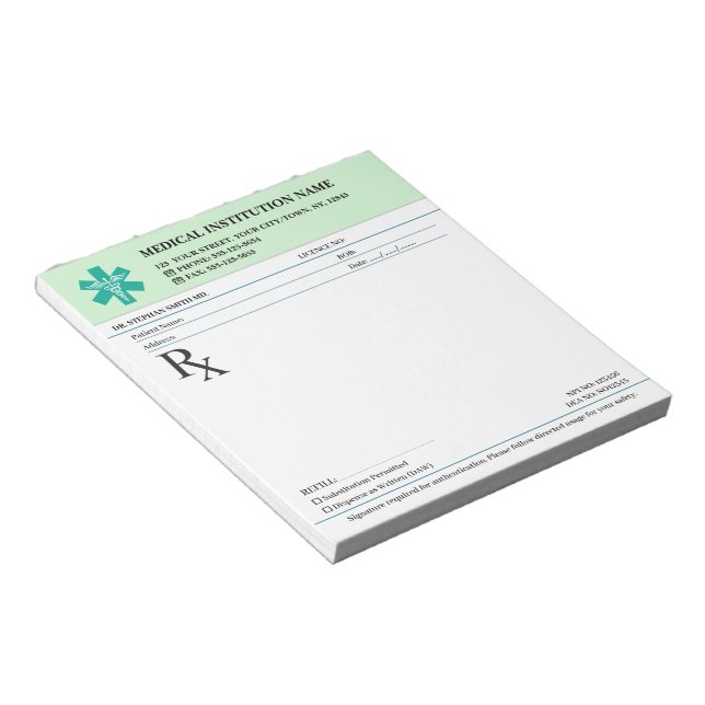 Bloc-note Doctor Prescription Medical RX Pad – Mint Green (Incliné)