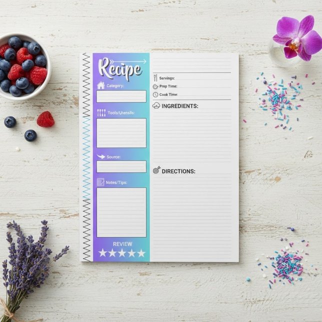 Bloc-note Drapés Bleus & Blanc Élégants | Pages de Recettes  (minimalist blank recipe pages template for ingredients, instructions and directions)