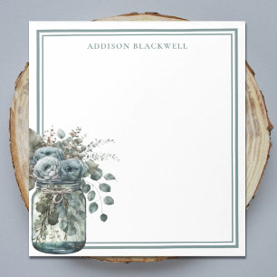 Bloc-note Dusty Blue Roses personnalisé Aquarelle Mason Jar