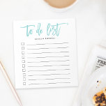 Bloc-note Eau | Brosse Lettrée Personnalisée À Faire Liste<br><div class="desc">Le bloc-notes personnalisé chic propose des fonctionnalités "à faire liste" en haut dans la dynamique turquoise aqua style manuscrit brosse typographie lettrée. Personnalisez avec votre nom ou choix de texte sous, ou laissez vide si vous le souhaitez. 10 lignes avec cases à cocher vous aident à garder le suivi de...</div>