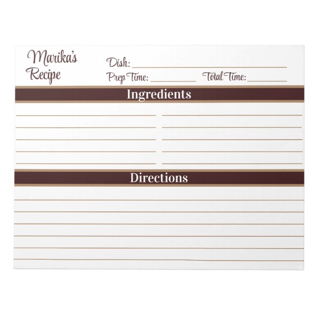 Bloc-note Écriture Élégante Chocolat Marron 8.5x11 Recettes (Devant)