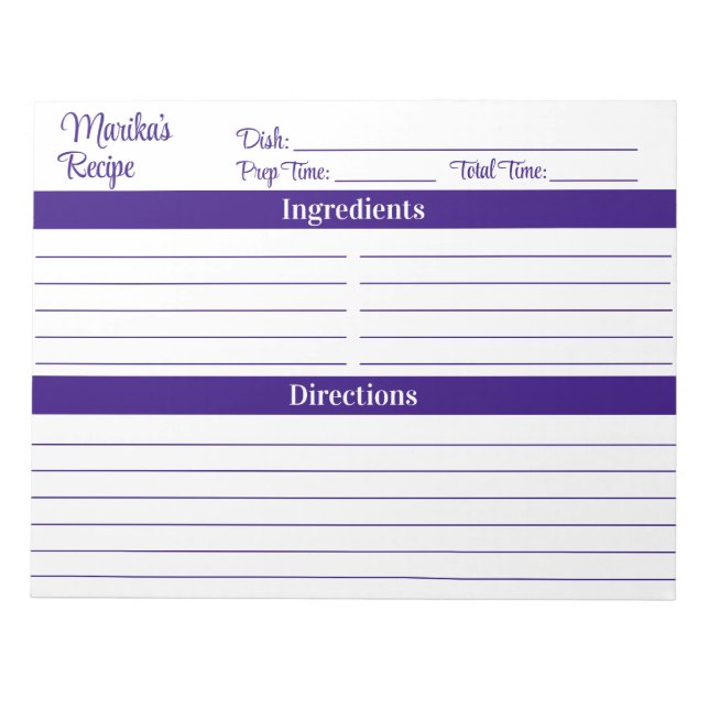 Bloc-note Écriture Élégante Violet 8.5x11 Recettes (Devant)