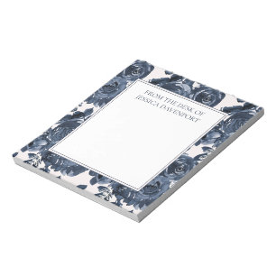 Bloc-note Élégant bleu marine indigo floral blanc depuis le