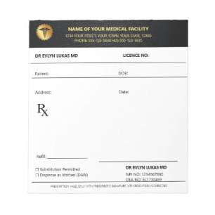 Bloc-note Élégant Caducée Médical Noir & Or Bloc Ordonnances