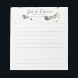 Bloc-note Elégant Eucalyptus Watercolor To Do List<br><div class="desc">Faites le suivi de votre liste de choses à faire avec ce bloc-notes personnalisé. La conception comporte une aquarelle de branche eucalyptus en haut,  un en-tête personnalisable qui dit "Get it Done" sous vous pouvez ajouter votre nom ou monogramme et 12 lignes pour ajouter vos tâches et les désactiver.</div>