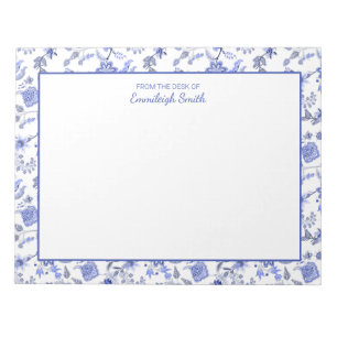 Bloc-note Élégant floral bleu antique sur fond blanc provena
