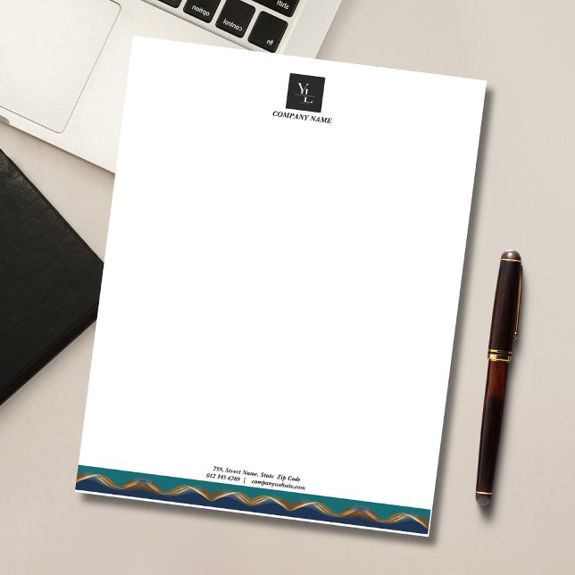 Bloc-note Élégant Gold Wave Blue Logo Turquoise Business (Créateur téléchargé)