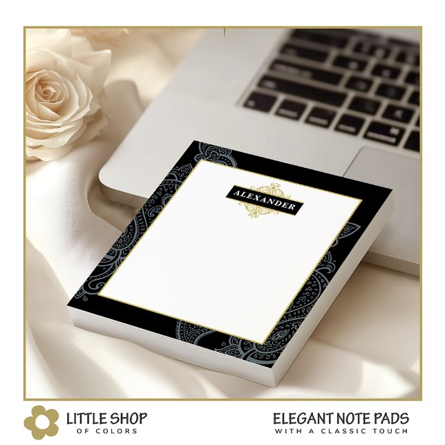 Bloc-note Élégant Monogramme Personnalisable Paisley Or Noir (Créateur téléchargé)