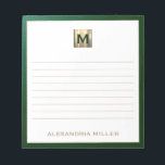 Bloc-note Élégant monogramme personnalisé<br><div class="desc">Restez organisé en style avec ce bloc-notes monogrammé personnalisé avec un design sophistiqué couleur vert émeraude et or monogramme. Les pages alignées offrent un espace suffisant pour noter des notes, des listes de choses à faire, etc., tandis que le design élégant ajoute une touche de luxe à votre vie quotidienne....</div>