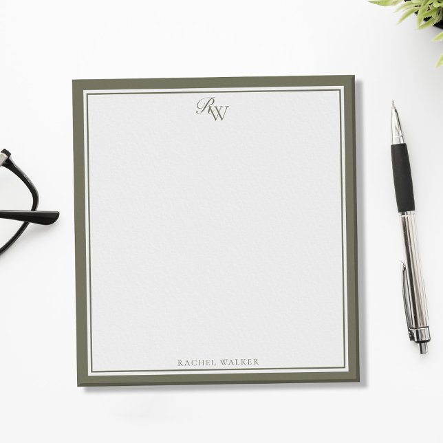 Bloc-note Élégant monogramme vert olive deux bordures (Créateur téléchargé)