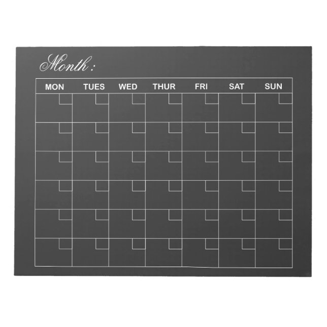 Bloc-note Élégant planificateur de calendrier mensuel noir (Devant)