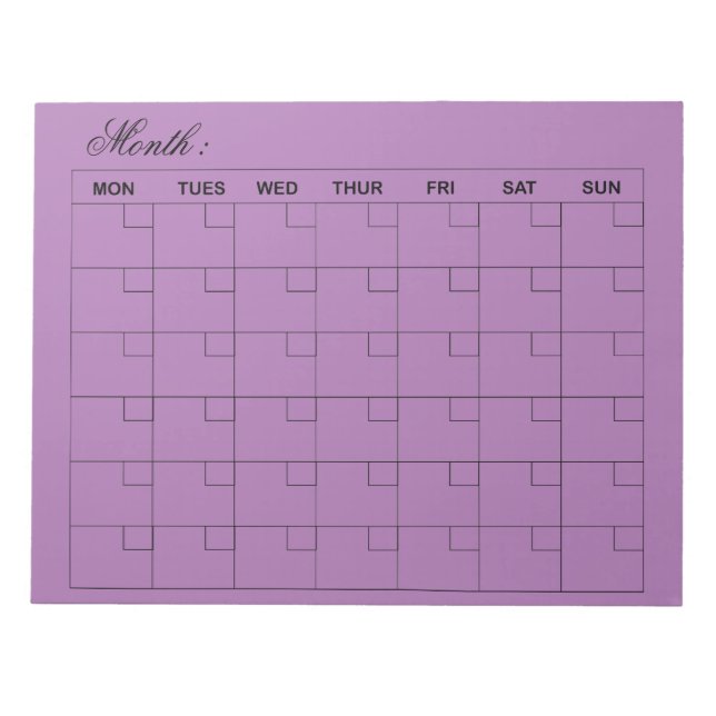 Bloc-note Élégant Planificateur de calendrier mensuel violet (Devant)