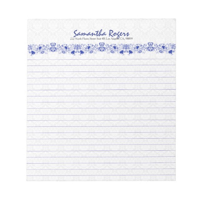 Bloc-note Elégant Royal Blue Floral Dentelle Et Blanc Damas  (Devant)