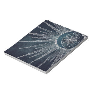 Bloc-note Elégant Silver Sun Moon Doodle Mandala Blue Design