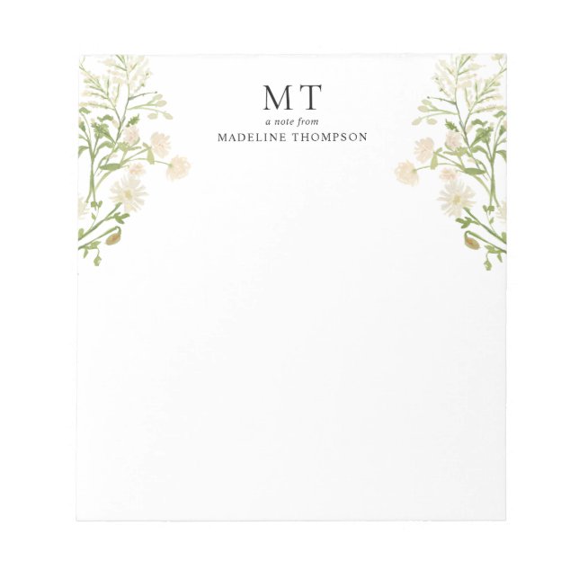 Bloc-note Elegant White Floral Wildflower Classic Monogram (Devant)