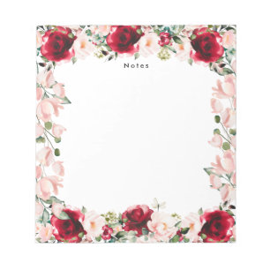 Bloc-note Elégante aquarelle rouge rose florale personnalisé