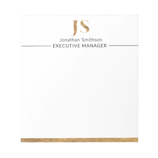 Bloc-note Élégante Classe Blanc & Or Monogramme Personnalisé (Devant)