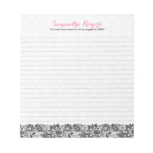 Bloc-note Elégante dentelle Florale Noire Et Damas Blanches  (Devant)