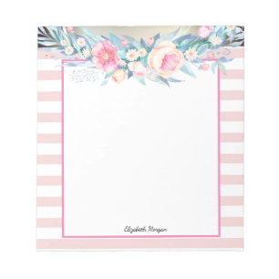Bloc-note Élégantes rayures roses stylées, fleurs aquarelles