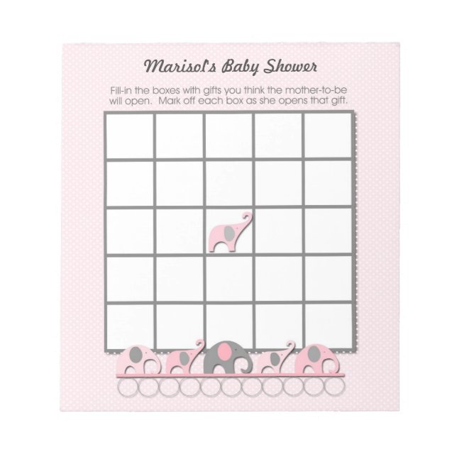 Bloc-note Eléphants gris rose Baby shower Bingo Game pad (Devant)