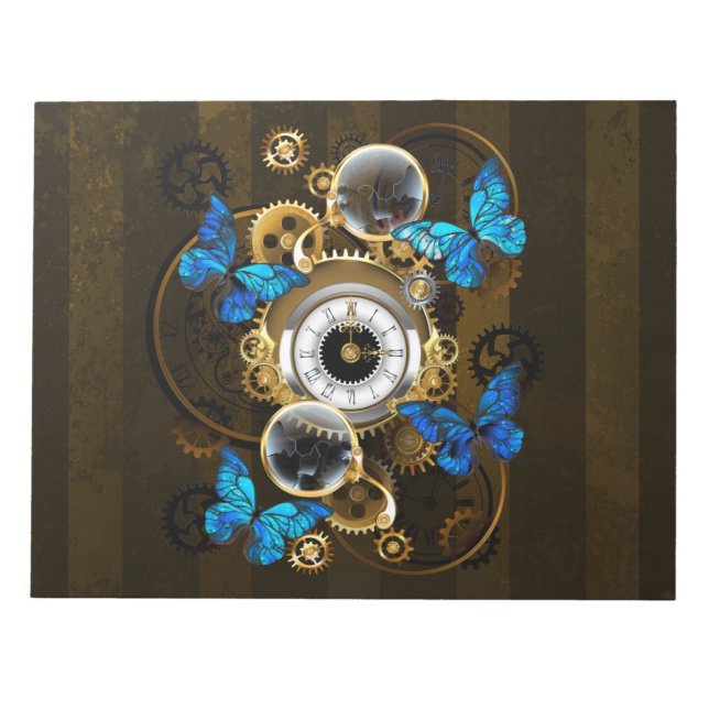 Bloc-note Engrenages Steampunk et papillons bleus (Devant)