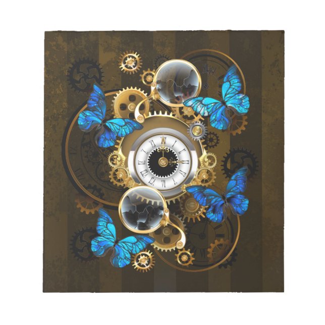 Bloc-note Engrenages Steampunk et papillons bleus (Devant)