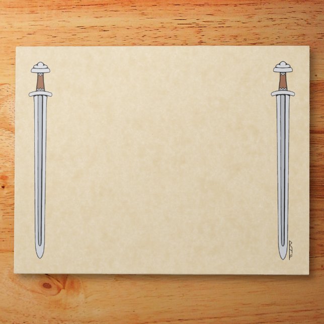 Bloc-note Épée viking (Viking Sword Notepad on Wooden Desk)
