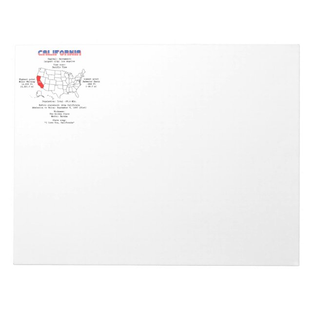 Bloc-note Etat américain de Californie sur une carte et des  (Devant)