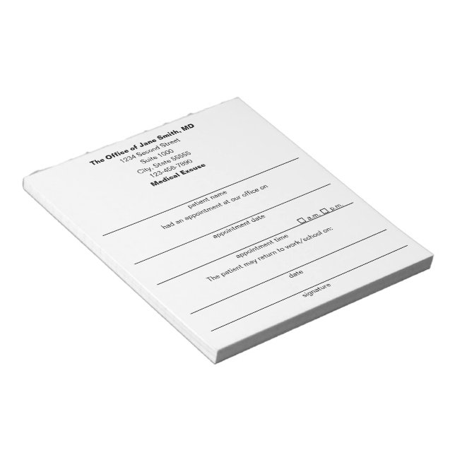 Bloc-note Excuse médicale Note du médecin pour patient blanc (Incliné)