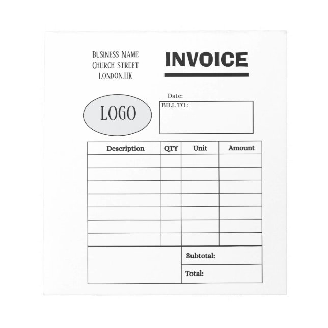 Bloc-note Facture commerciale personnalisée professionnelle (Devant)