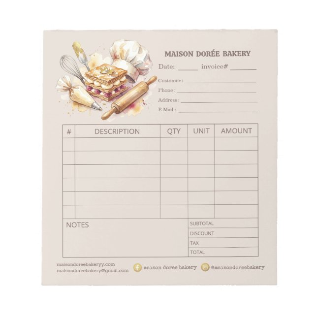 Bloc-note Facture de commande de vente de reçus de boulanger (Devant)