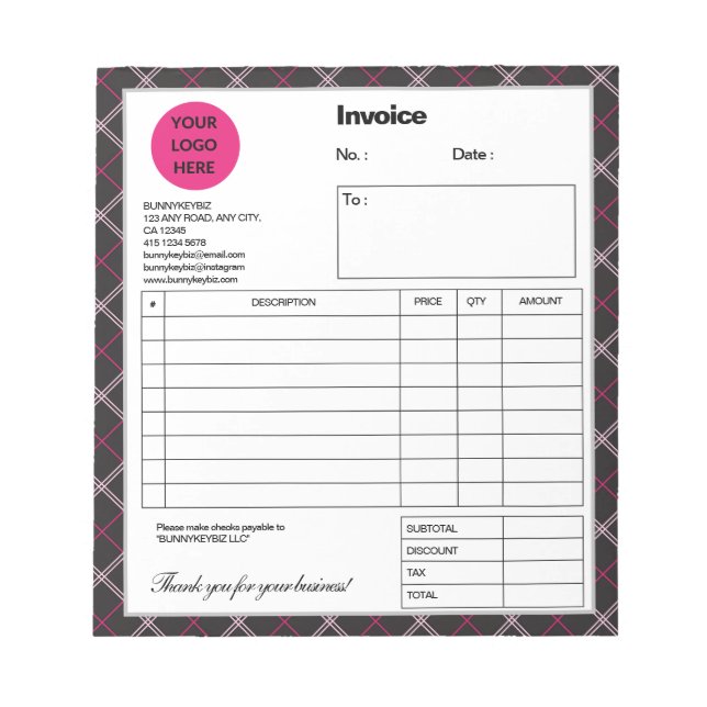 Bloc-note Facture de magasin d'entreprise Black Pink Plaid C (Devant)