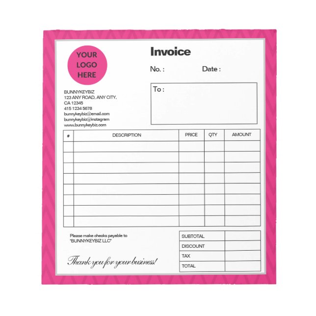 Bloc-note Facture de magasin d'entreprise de la société Chev (Devant)