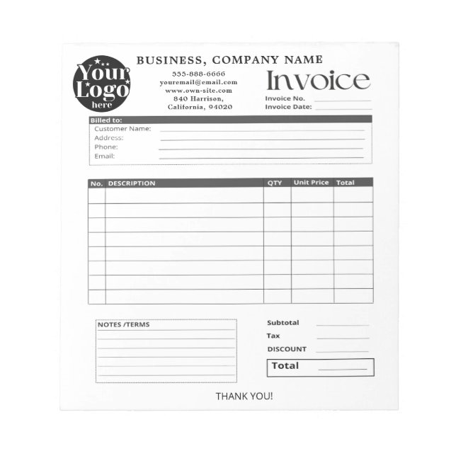 Bloc-note Facture de petite entreprise avec logo personnalis (Devant)